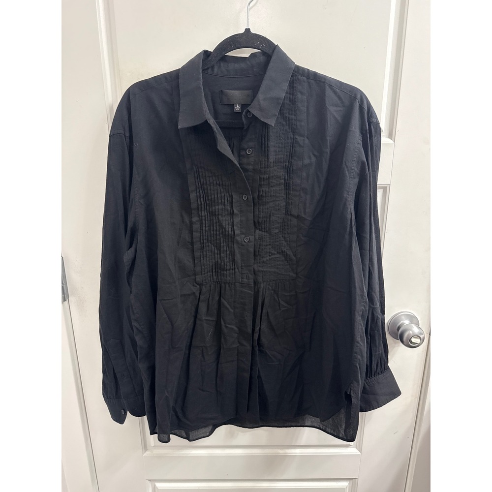 Nili Lotan Black Cotton Pleated Bib Tuxedo Shirt Oversized Blouse Large